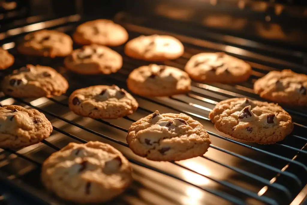 Cookies baking in the oven on a parchment-lined tray