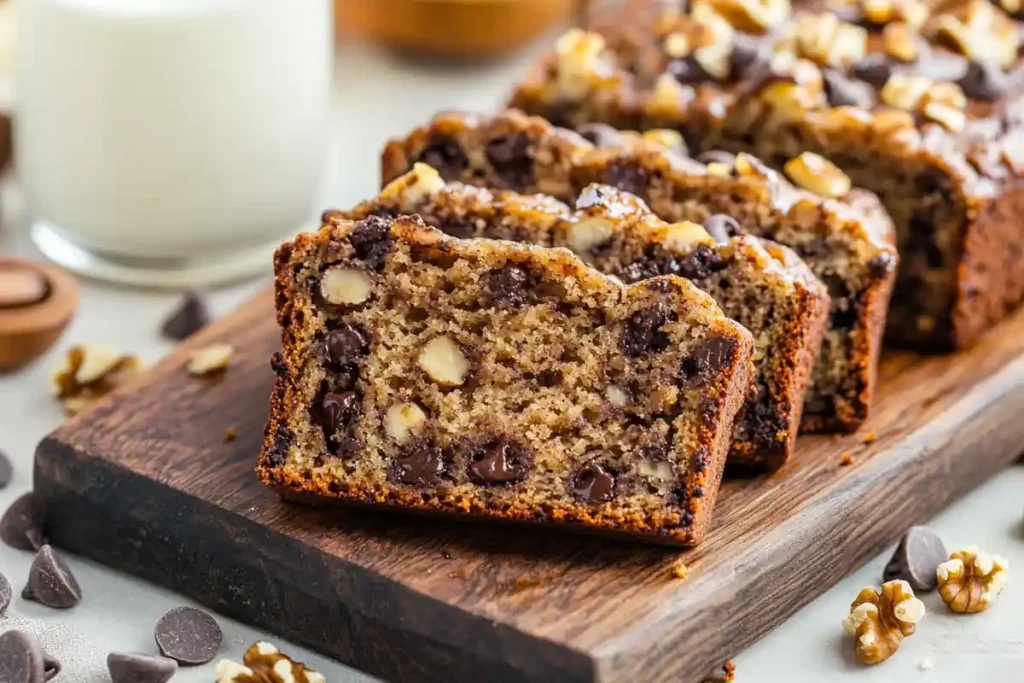 Slices of banana bread with chocolate chips and walnuts