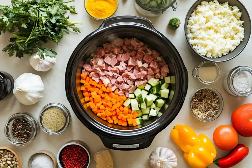 Slow cooker meal preparation with ingredients