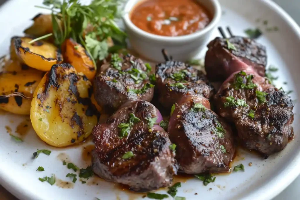 Grilled Beef Heart Skewers on a Plate