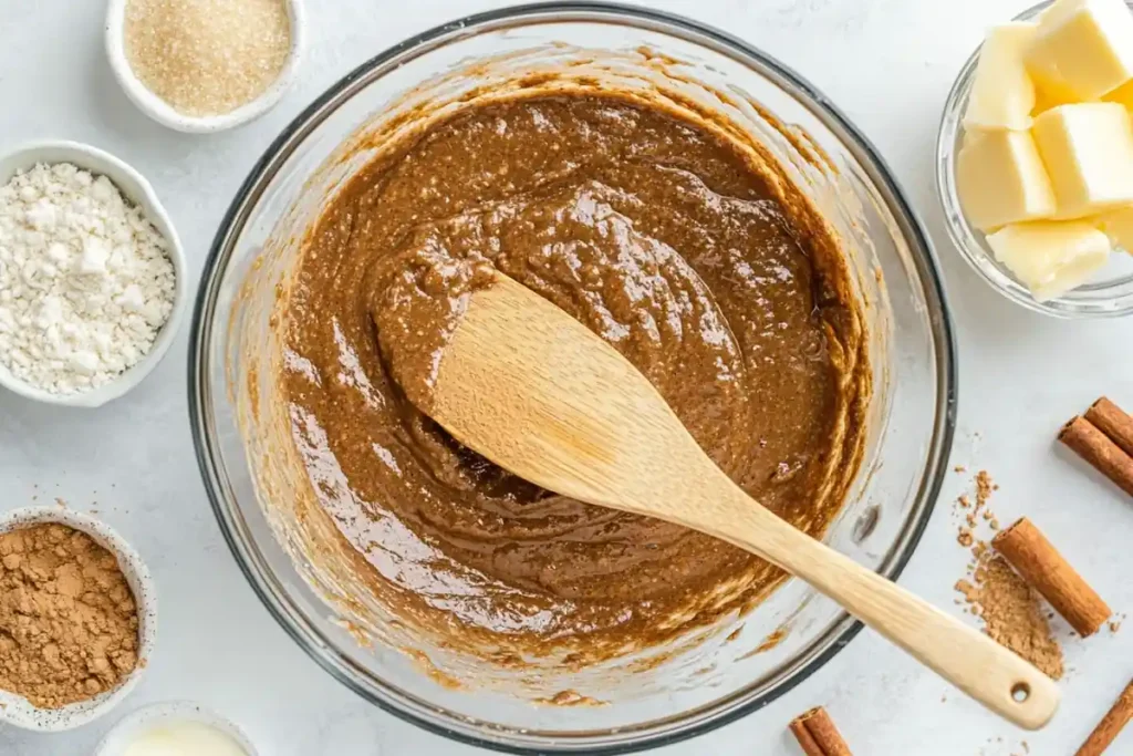 Bowl of banana bread batter with added spices