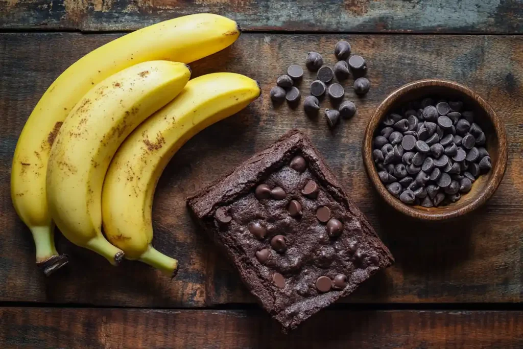 Ripe bananas next to a brownie mix box and chocolate chips easy brownie box mix with bananas recipe for cookies