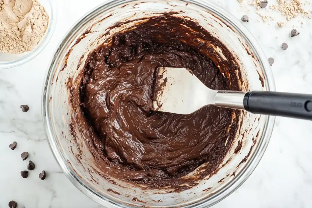 Cookie dough being mixed in a bowl with mashed bananas