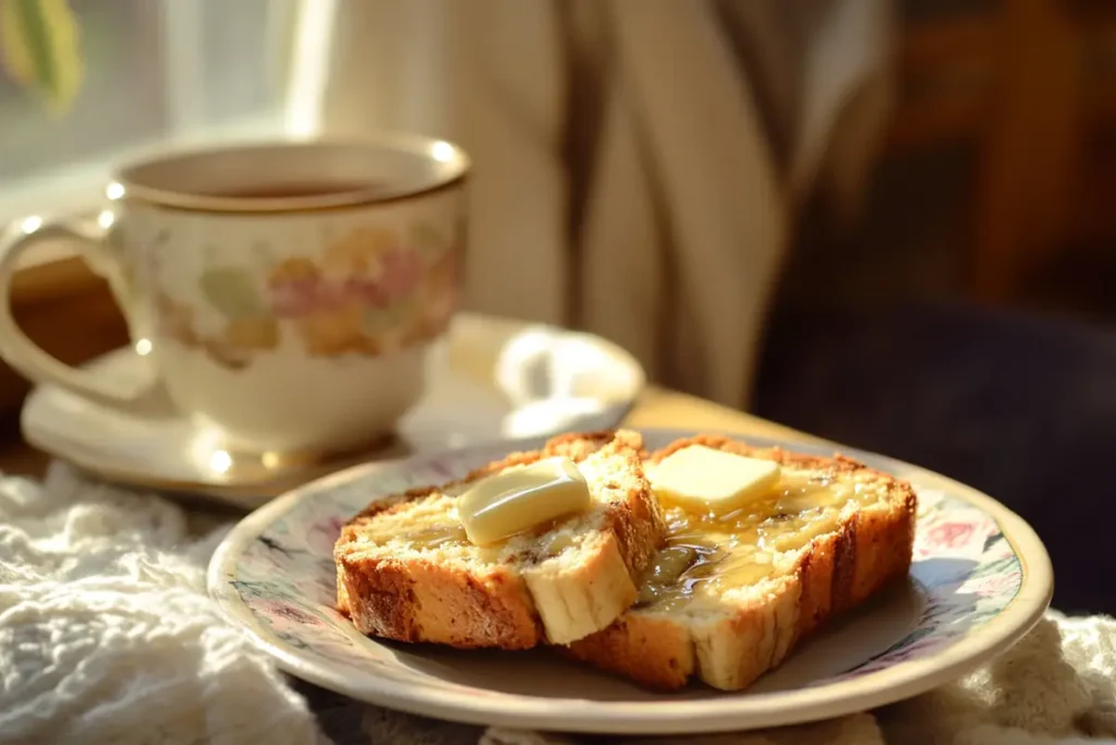 Banana bread slices with butter and honey on a plate