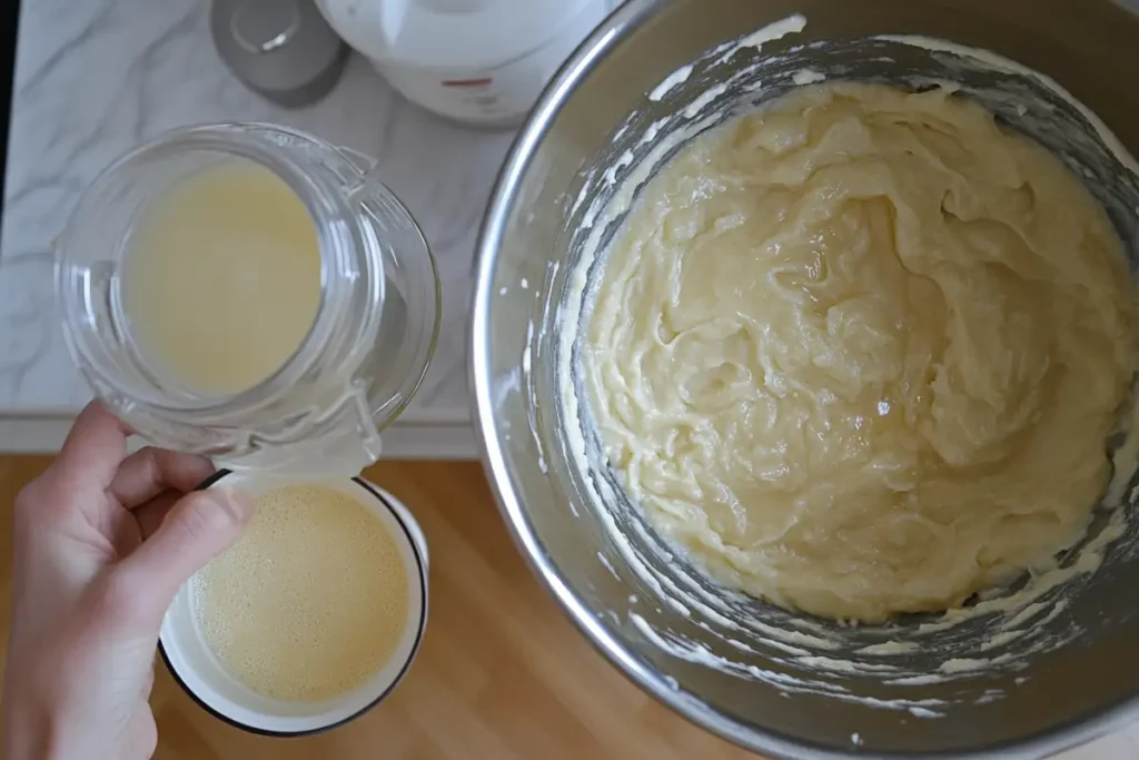 Banana bread batter in a mixing bowl with yeast foaming in a small cup What if I don’t have baking soda for banana bread?