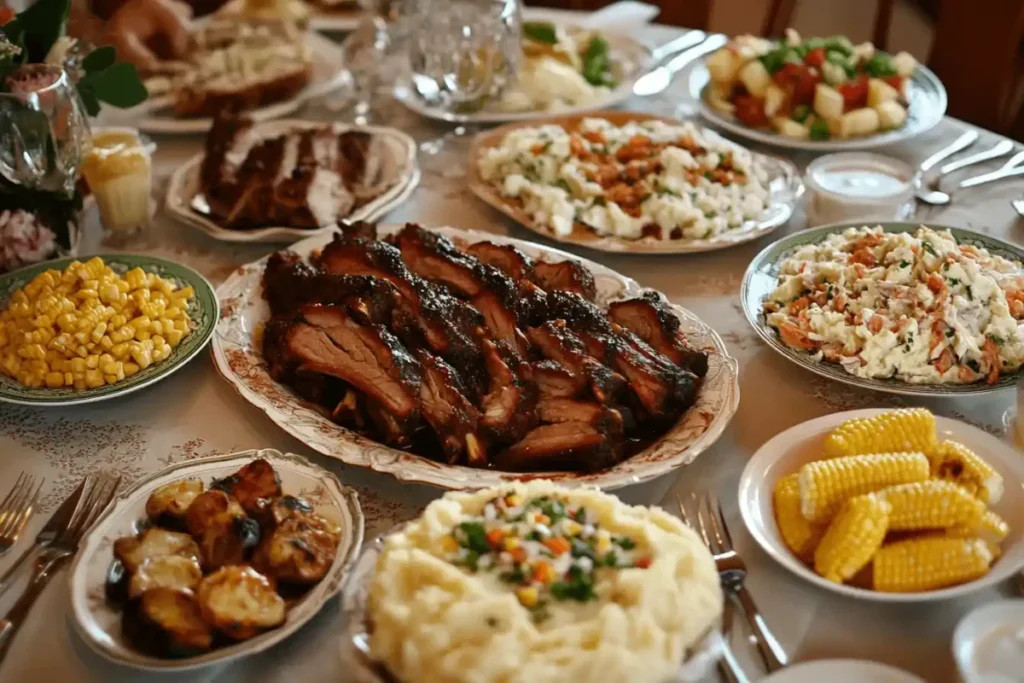 A table laden with a feast of various dishes, including sliced ribs, corn, potatoes, and salads.