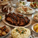 A table laden with a feast of various dishes, including sliced ribs, corn, potatoes, and salads.