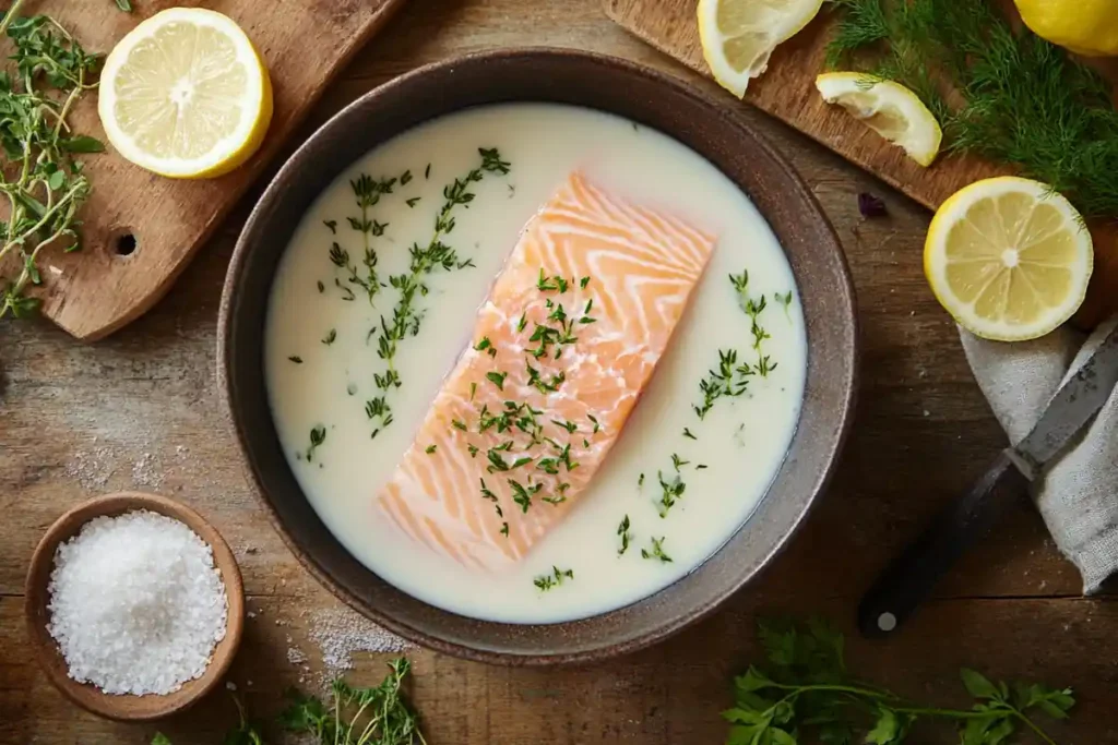 A salmon fillet soaking in a bowl of milk with lemon slices and herbs on a kitchen counter.