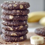 A stack of seven dark chocolate cookies sits on a wooden board.