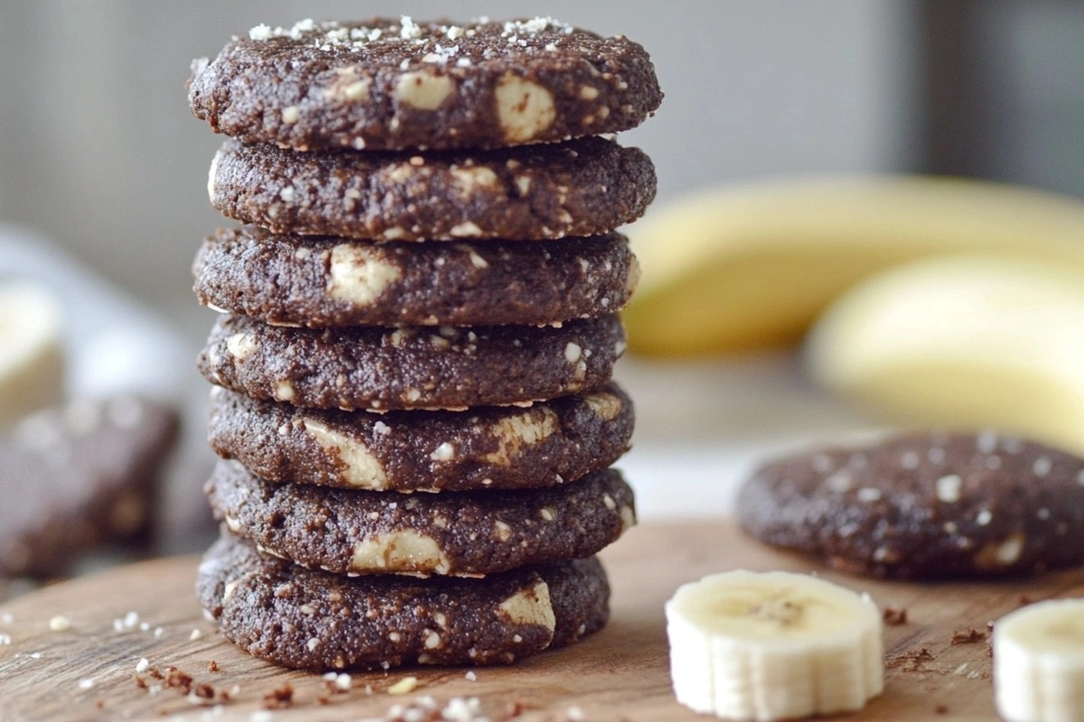 A stack of seven dark chocolate cookies sits on a wooden board.