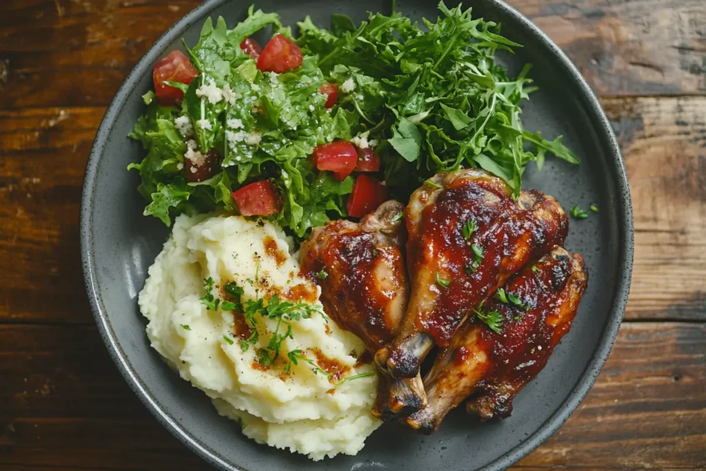 A plate of smothered turkey wings with creamy sides, showing what to eat with smothered turkey wings