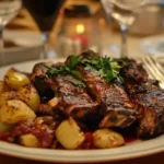 Beef country style ribs and short ribs plated side by side with rustic sides.