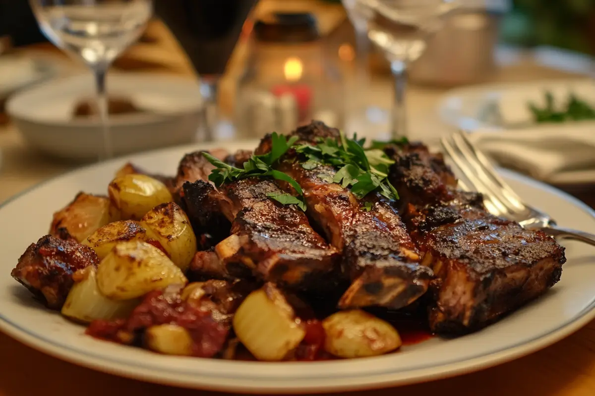 Beef country style ribs and short ribs plated side by side with rustic sides.