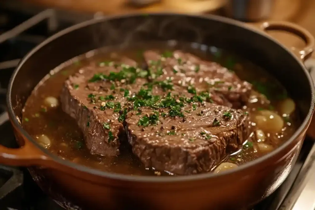 Two pieces of braised beef are cooking in a rich brown sauce with pearl onions and garnished with fresh parsley.