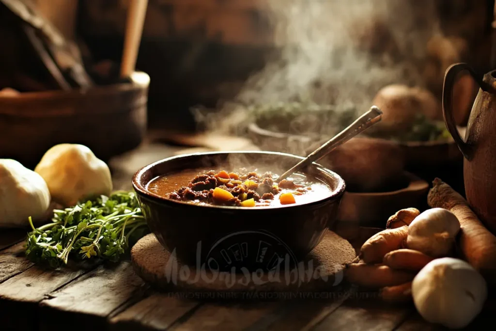 A warm bowl of veggie soup with fresh herbs, showing what can I add to my vegetable soup to give it more flavor?