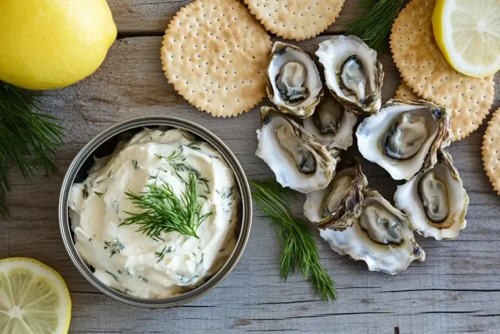 Can of smoked oysters with crackers and dip on a rustic table.