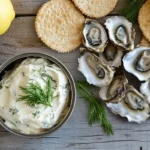 Can of smoked oysters with crackers and dip on a rustic table.