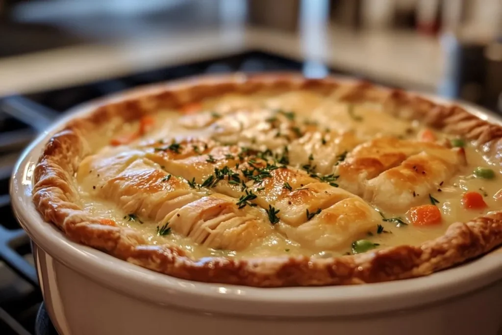 Chicken pot pie soup with bread and parsley