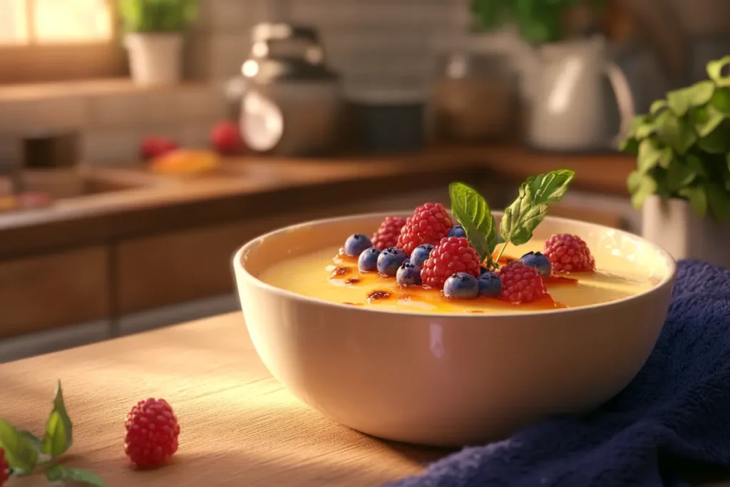 Overhead shot of crème brûlée showing its caramelized sugar top, what is crème brûlée made of?