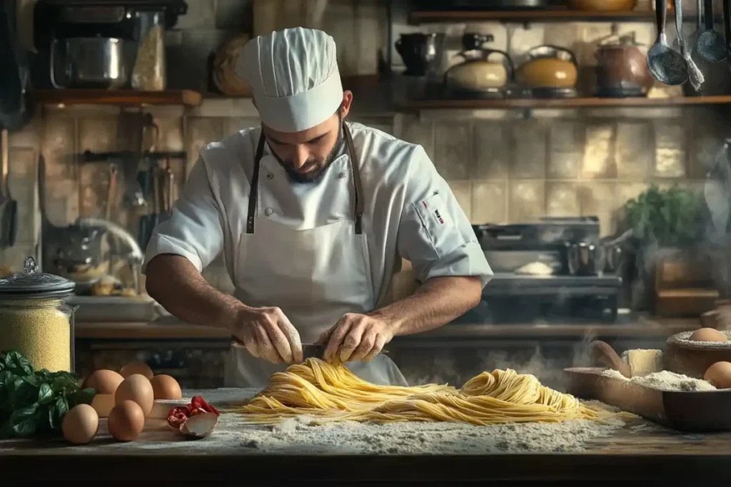 Chef preparing fresh spaghetti pasta in a kitchen.