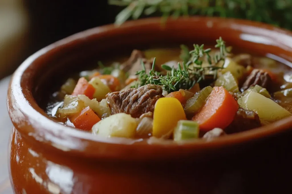 A warm bowl of veggie soup with fresh herbs, showing what can I add to my vegetable soup to give it more flavor?