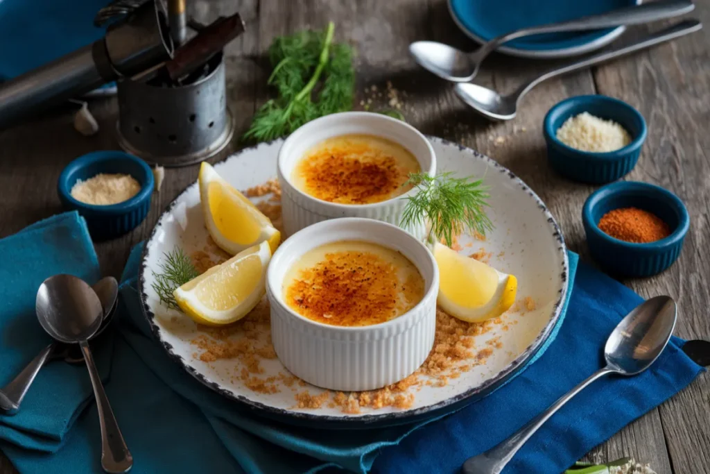 Luxurious crab brûlée in ramekins with golden caramelized crust, garnished with dill and lemon wedges, set on a rustic table.