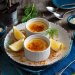 Luxurious crab brûlée in ramekins with golden caramelized crust, garnished with dill and lemon wedges, set on a rustic table.