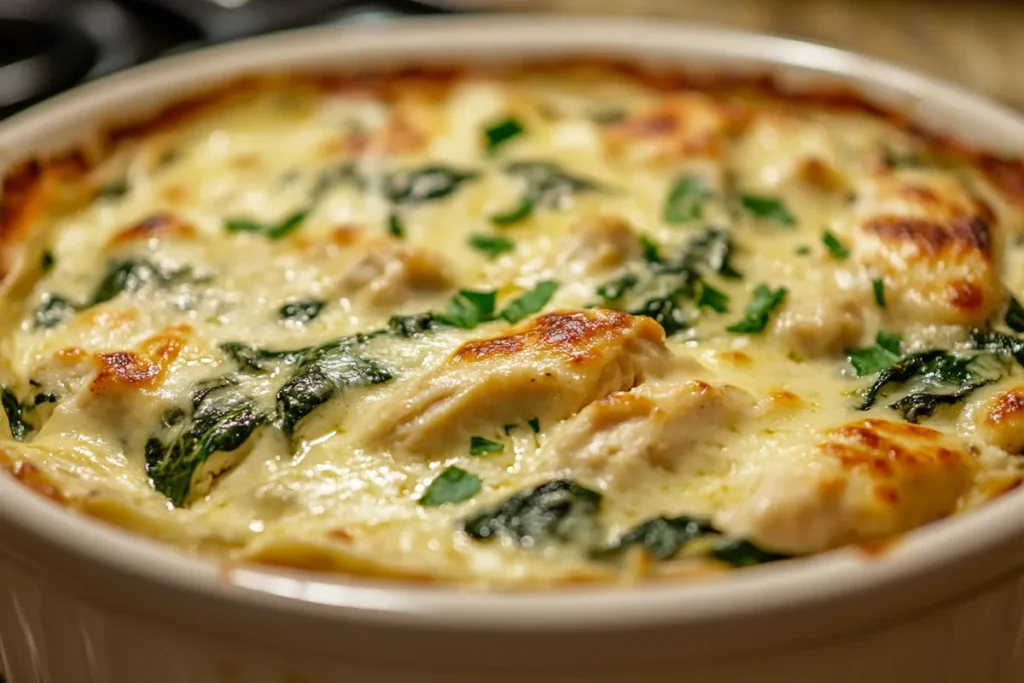 Chicken Alfredo pasta bake made with leftover rotisserie chicken.