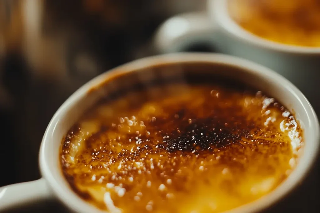 What does crème brûlée taste like? A top-down view of a caramelized crème brûlée dessert.