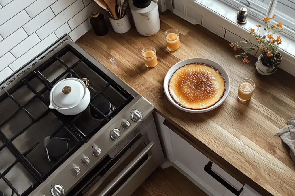 A top-down view of what’s the difference between crème brûlée and custard? showing a caramelized crème brûlée and a creamy custard side by side.