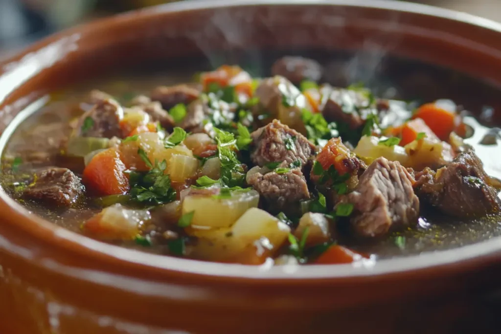 A simmering pot of beef soup demonstrating how do you add richness to beef soup?