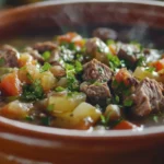 A simmering pot of beef soup demonstrating how do you add richness to beef soup?