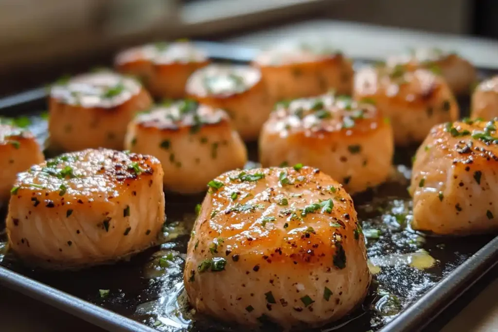 Close-up of salmon bites recipe served on a plate