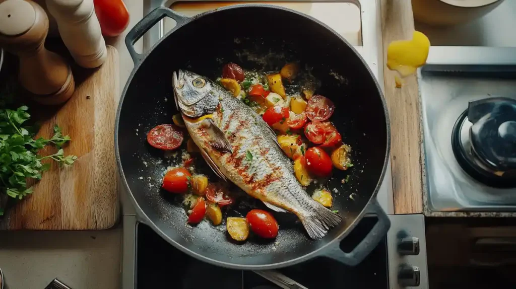 Whole grilled fish with cherry tomatoes and potatoes in a cast iron pan on a stovetop.

