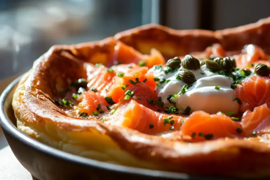 Dutch baby pancake with smoked salmon and capers.