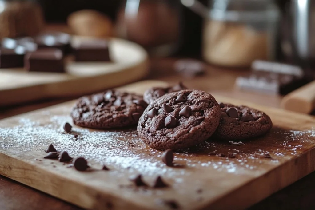 A plate of chocolate chip brownie box mix with bananas recipe for cookies displayed on a white table.