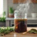 Fresh beef broth in a jar with steam rising, ready for refrigeration.