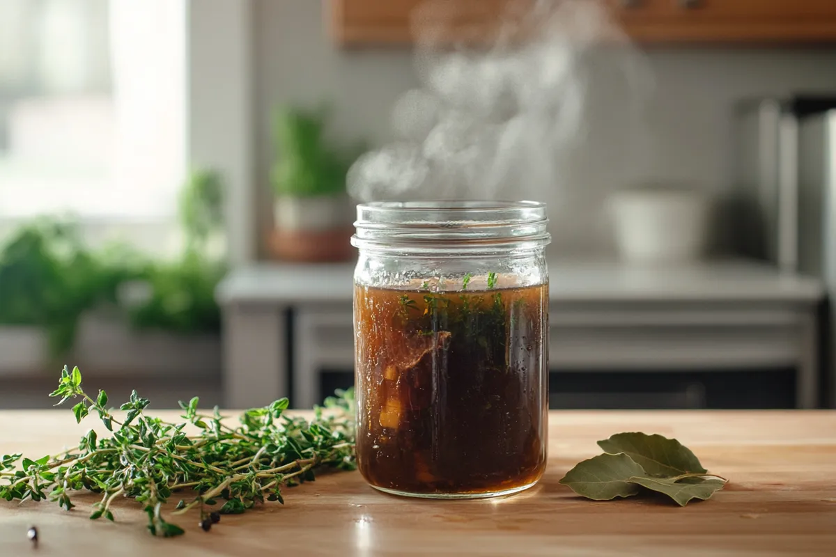 Fresh beef broth in a jar with steam rising, ready for refrigeration.