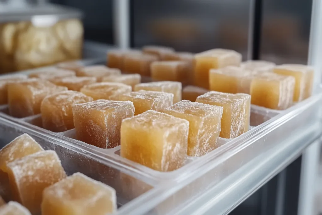 Frozen beef broth cubes in a tray inside the freezer.