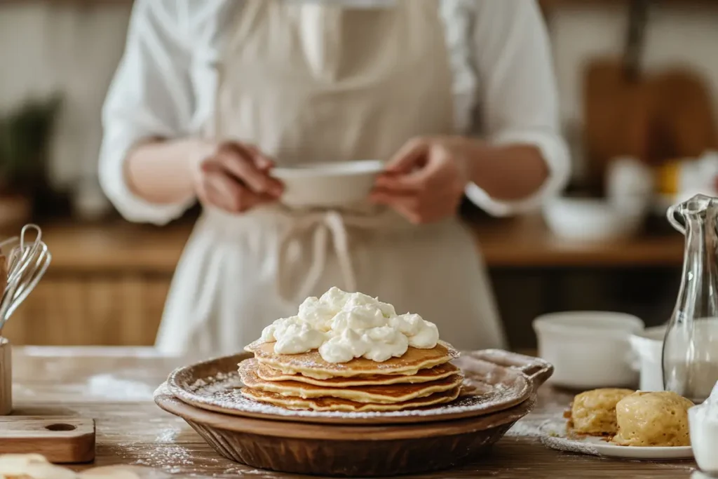 Overhead shot of frozen pancakes and pancake batter in containers. Is it better to freeze pancakes or batter?