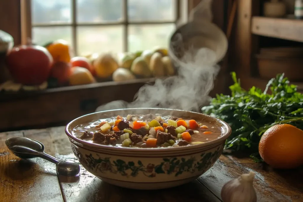 A steaming bowl of garden soup showing how to add depth of flavor to vegetable soup?