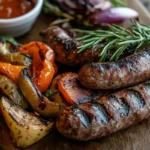 Plate of grilled beef sausages with roasted vegetables.