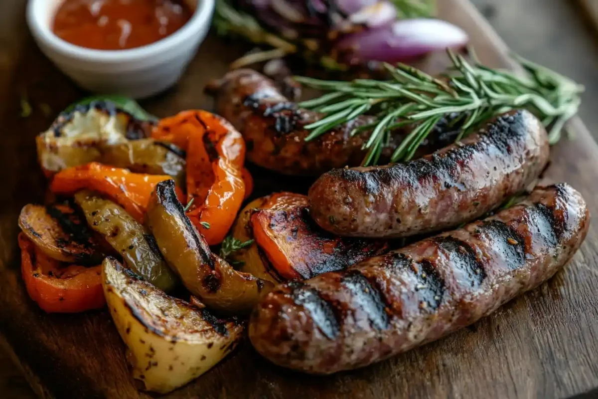 Plate of grilled beef sausages with roasted vegetables.