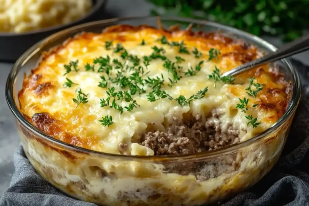 Creamy ground beef noodle dish served in a bowl.