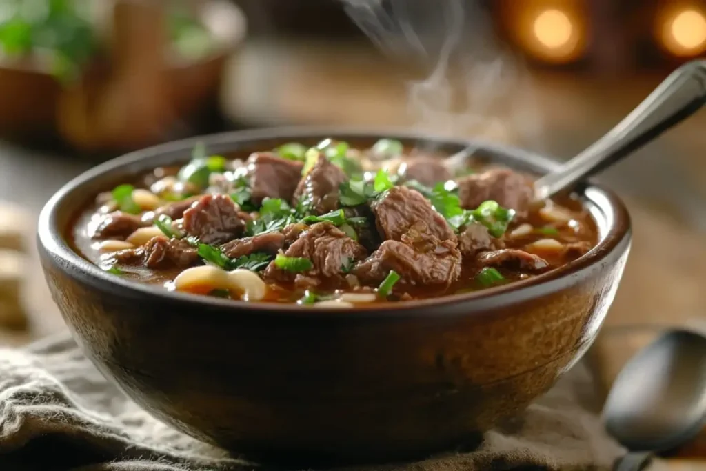 Steaming bowl of beef noodle soup with herbs and beef slices.