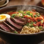 Bowl of beef ramen with fresh vegetables and egg.