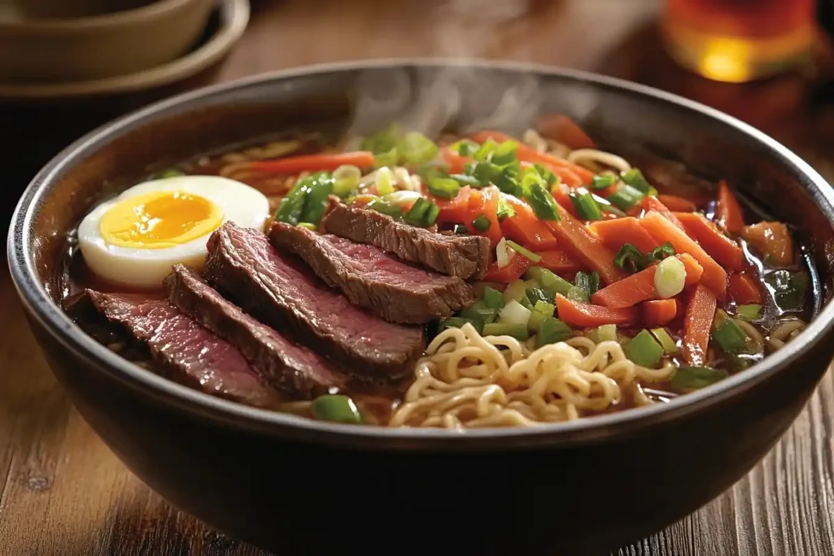 Bowl of beef ramen with fresh vegetables and egg.