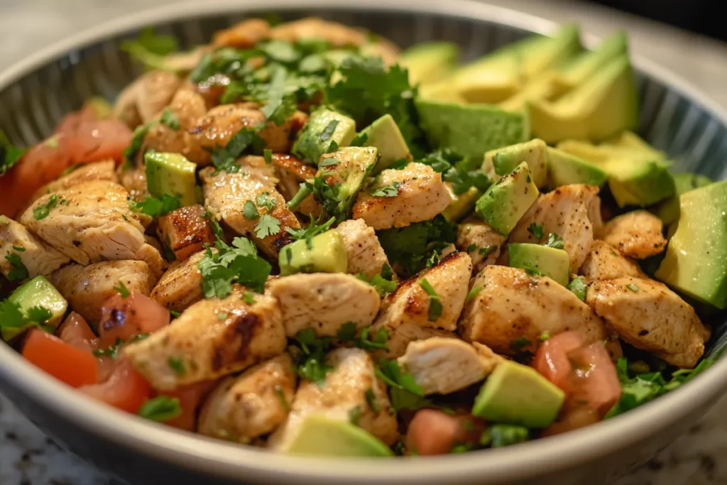 Rotisserie chicken lettuce wraps with vegetables and dipping sauce.