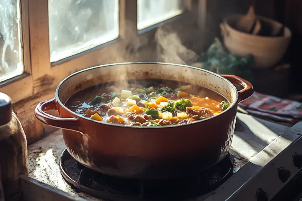 A simmering pot of beef soup demonstrating how do you add richness to beef soup?