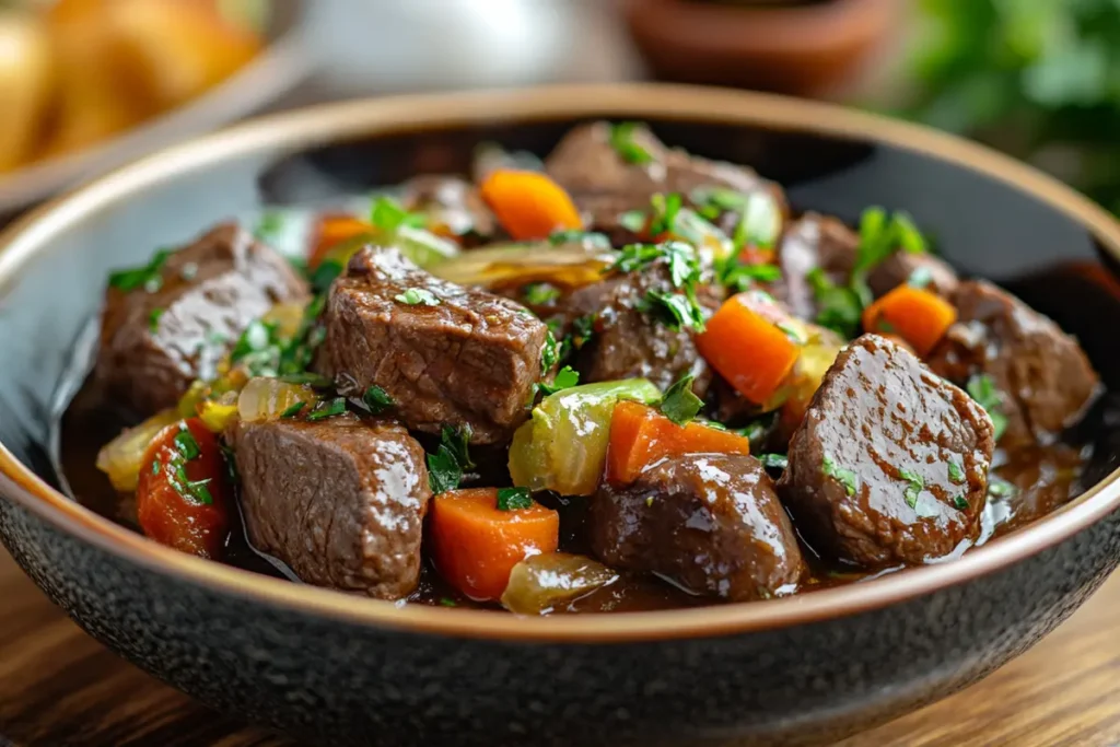 Tender slices of beef heart cooked to perfection, plated and ready to serve.
